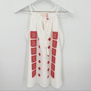 Solitaire Boho Embroidered Tassel Tie Tank Top